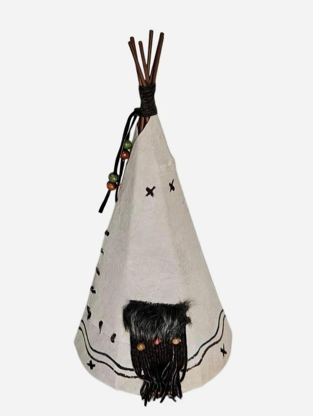 Native American style leather teepee with brown cross stitch, beads, & fur trim